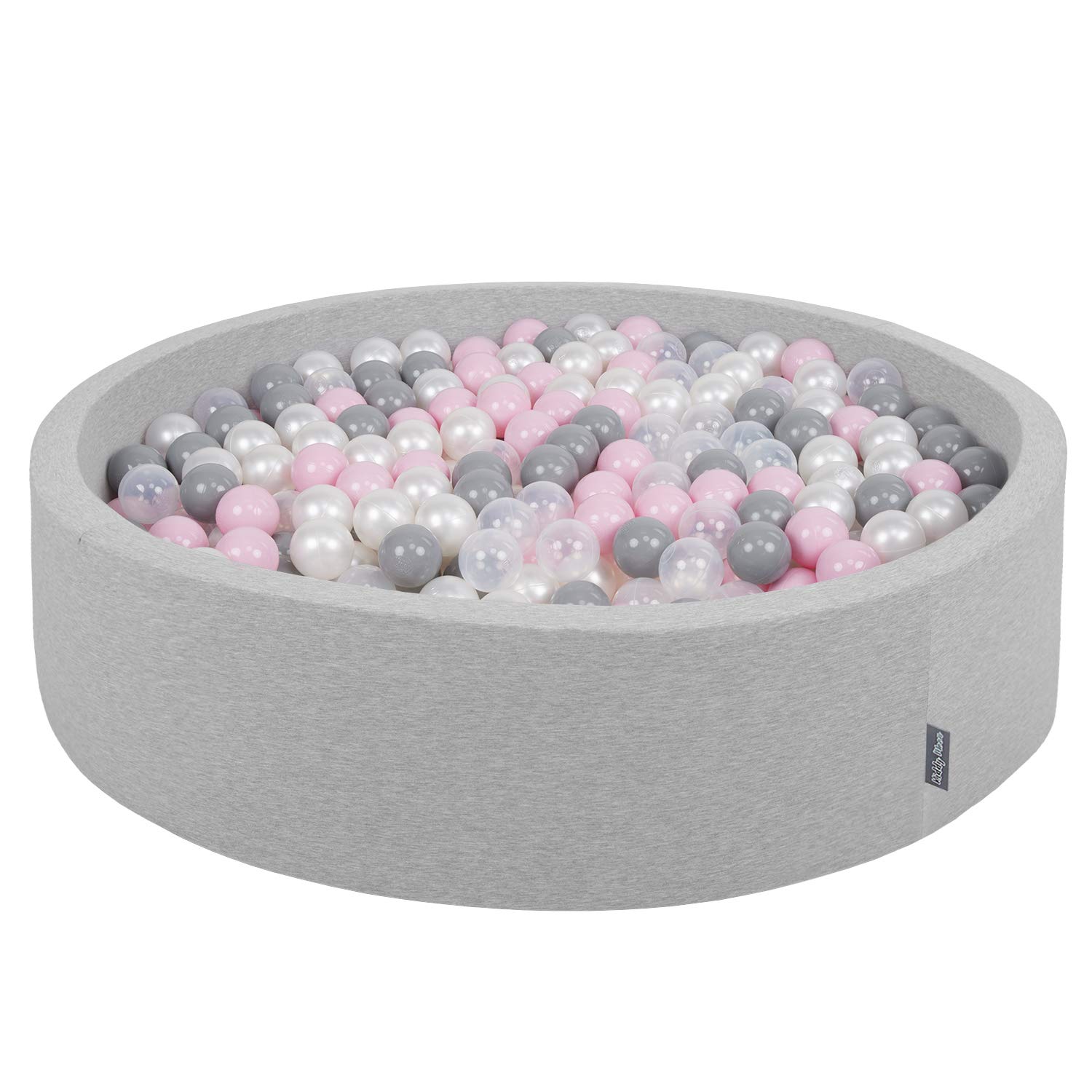 KiddyMoon Soft Ball Pit Round 120X30cm/300 Balls ∅ 7Cm / 2.75In For Kids, Foam Ball Pool Baby Playballs Children, Made In The EU, Light Grey:Pearl-Grey-Transparent-Powder Pink