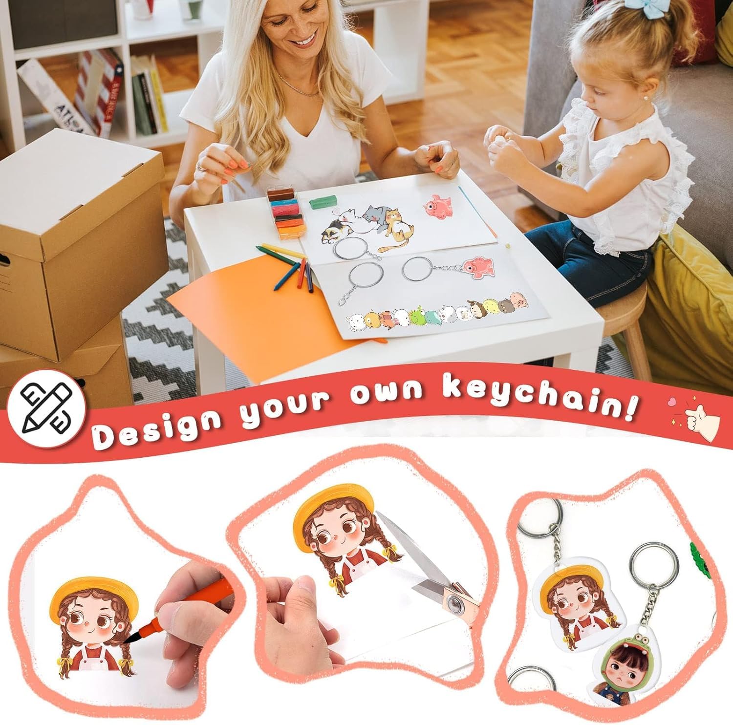 WOOWAIR 225 Pezzi Set di Fogli in Plastica Termoretraibile, 20x14,5cm Magica Shrink Plastic include 25 Fogli di Carta Termoretraibile e 100 Portachiavi con Catenine per Artigianale Creativa Fai da Te