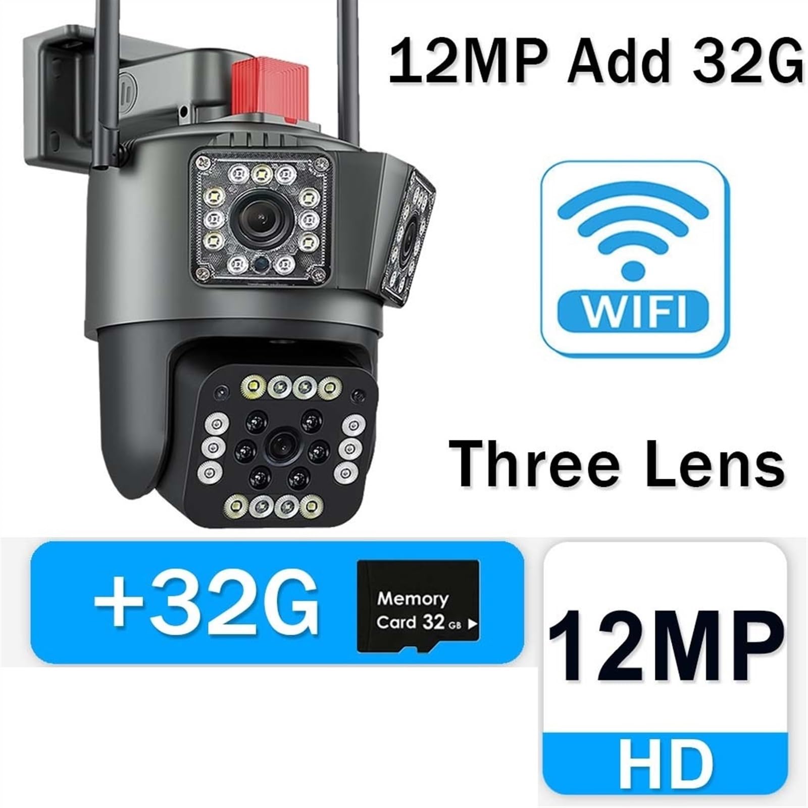 Caméra de sécurité, Caméra d'extérieur 6K 12mp, Zoom 8X, Trois objectifs, Suivi Automatique, Protection de sécurité, for Maison Intelligente(6K 12MP Add 32G)