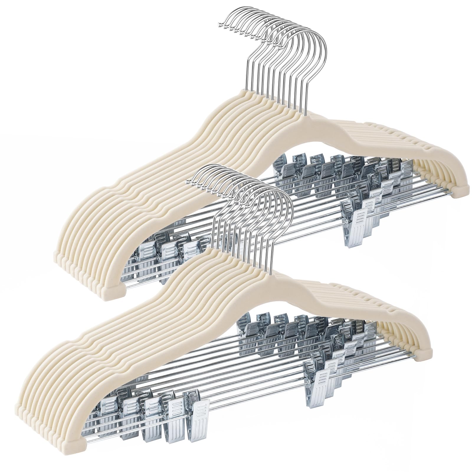 24-Pack Beige Velvet Hangers,Pants Hangers with Clips Adjustable,Felt Hangers,Heavy-Duty,Non-Slip,Space Saving,Slim Clothes Hangers for Pants, Skirts, Suits,Coats, Dresses ect.