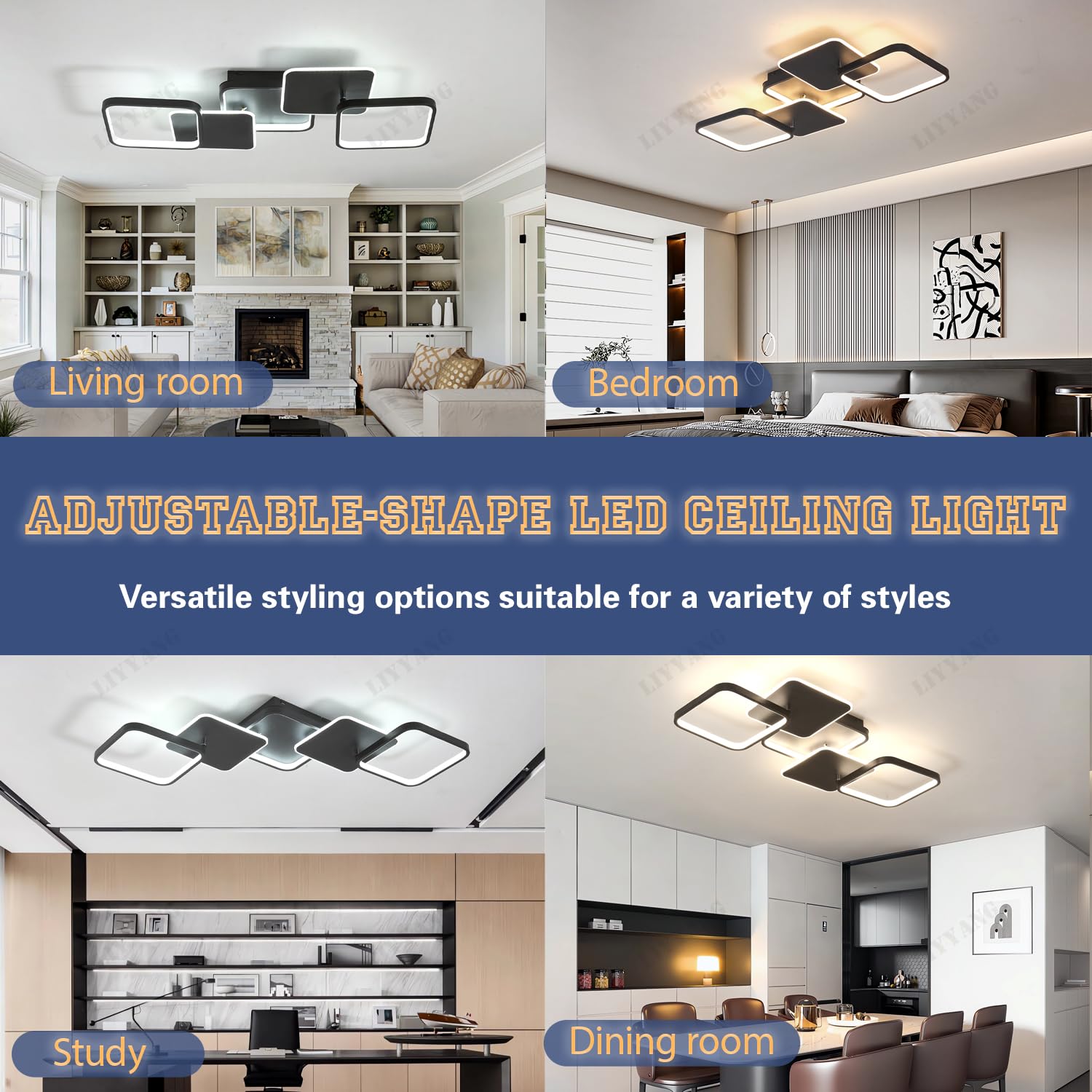 Kreative LED Deckenleuchte Dimmbar Deckenlampe Wohnzimmer Schlafzimmerbeleuchtung Mit Fernbedienung APP Decke Licht Moderne Variable Form Deckenbeleuchtung für Esszimmer Küche Büro (Schwarz, Quadrat)
