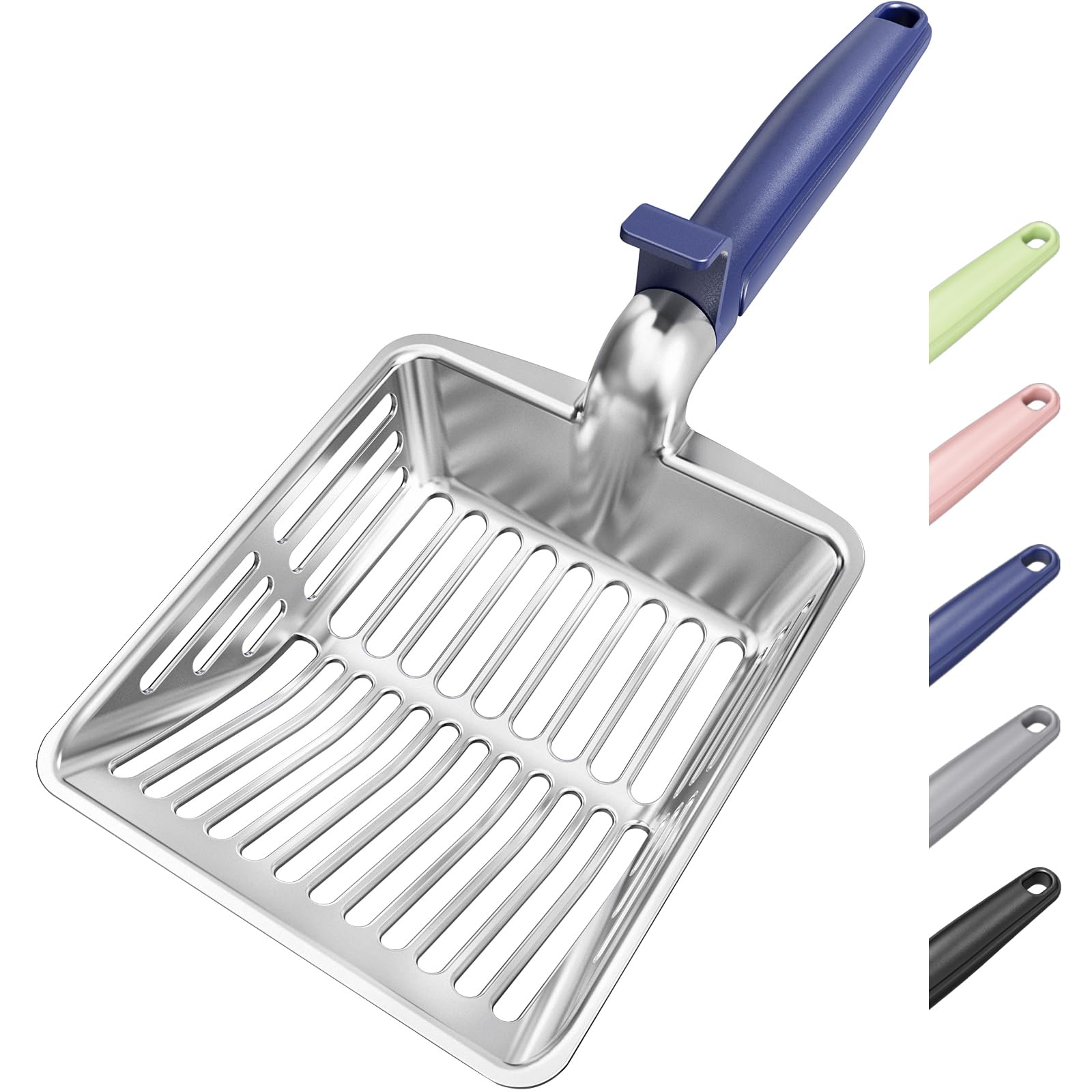 KooMooM Metal Cat Litter Scoop, Large Cat Scooper with Deep Shovel & Dual Sifting Holes for Fast & Precise Sifting, Space Aluminum Kitty Litter Scooper with Long Handle & Easy-to-Hang Hook - Blue