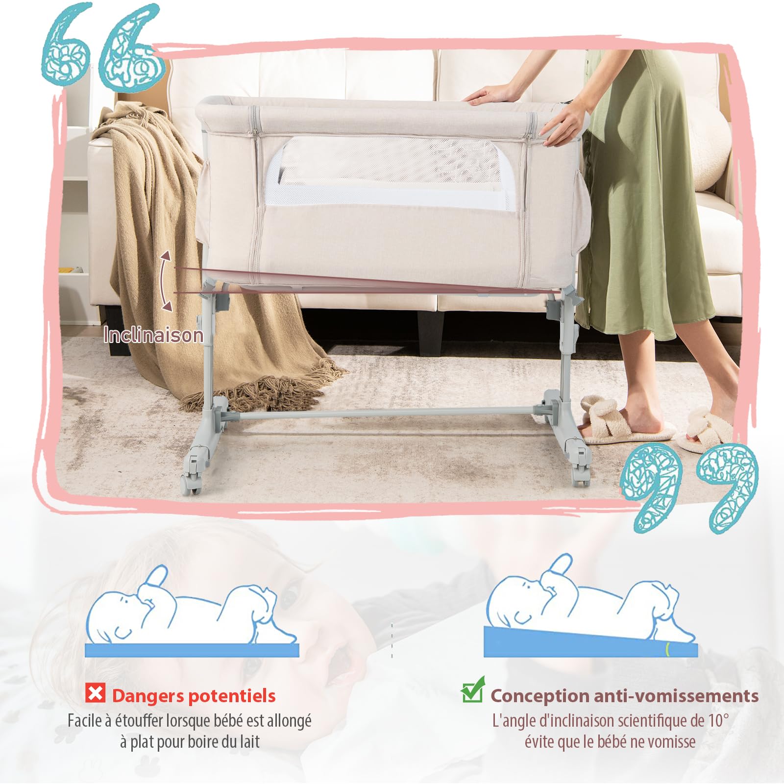 COSTWAY 3 en 1 Lit Cododo Bébé avec Matelas & 5 Hauteur Réglable, Lit Bébé Evolutif avec Inclinaison & 2 Sangles, Roues avec Frein, Sac de Transport, Charge 9kg pour 0-5 Mois, 86x63x81cm