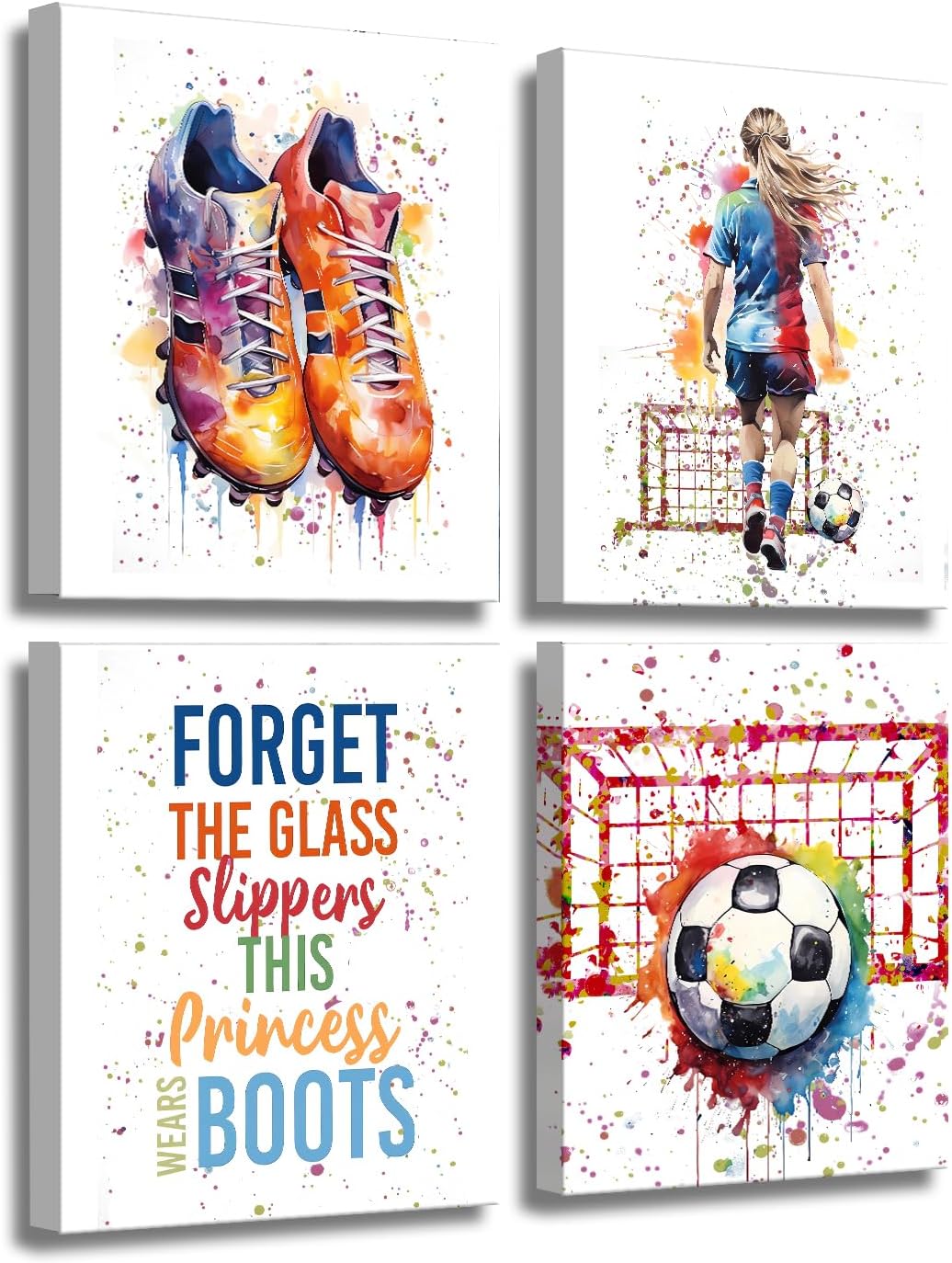 Framed Soccer Canvas Art Prints,Graffiti Canvas Wall Art Framed Art Soccer Shoes Room Decor,Colorful Soccer Art for Girls Room Decor,Girls Bedroom Wall Art,Ideal for Football,4pcs(8x10in