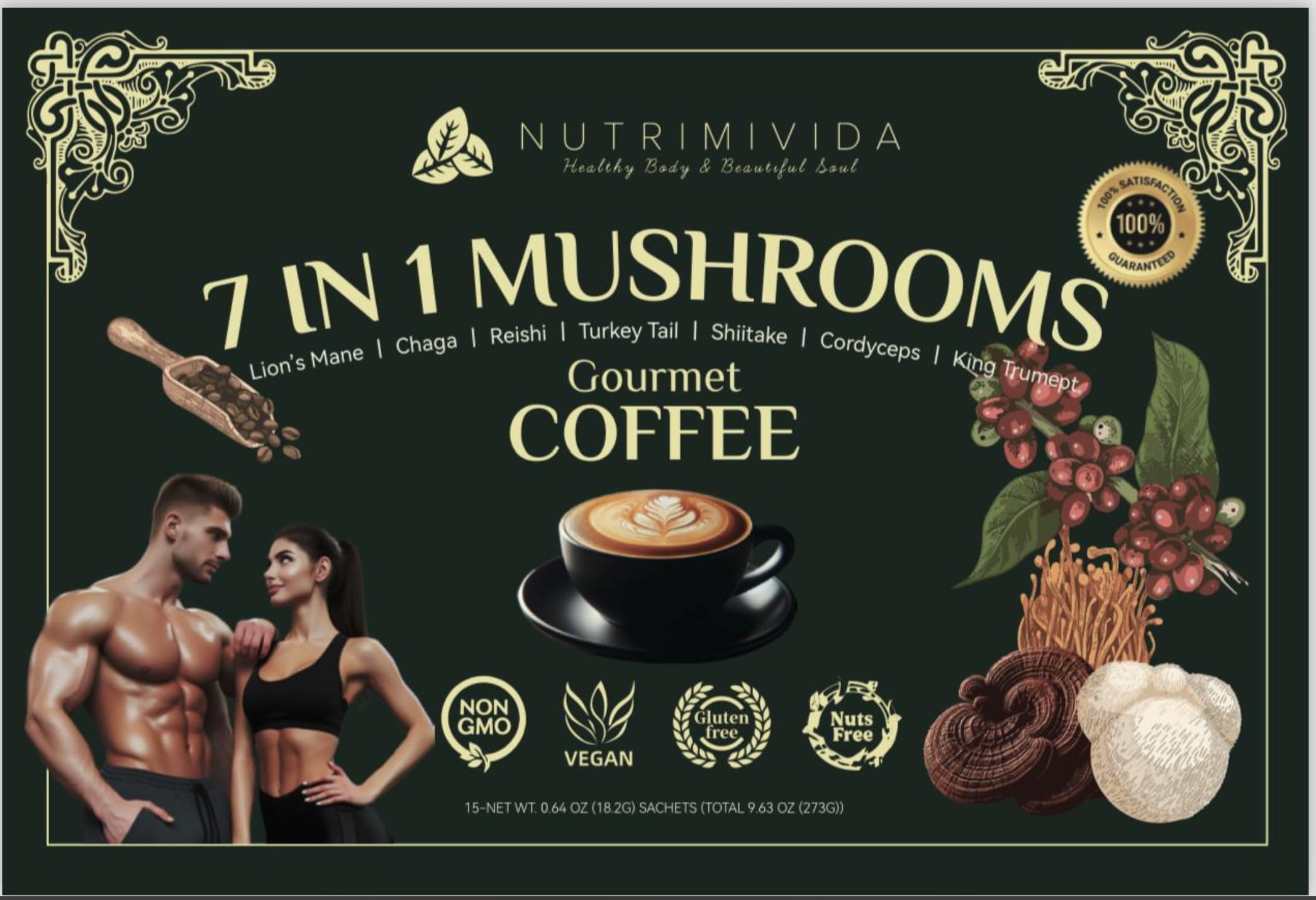 7 in 1 Mushrooms Gourmet Coffee | Non-GMO, Gluten-Free, Nut-Free, Vegan (15-Sachets 0.64 oz Each)