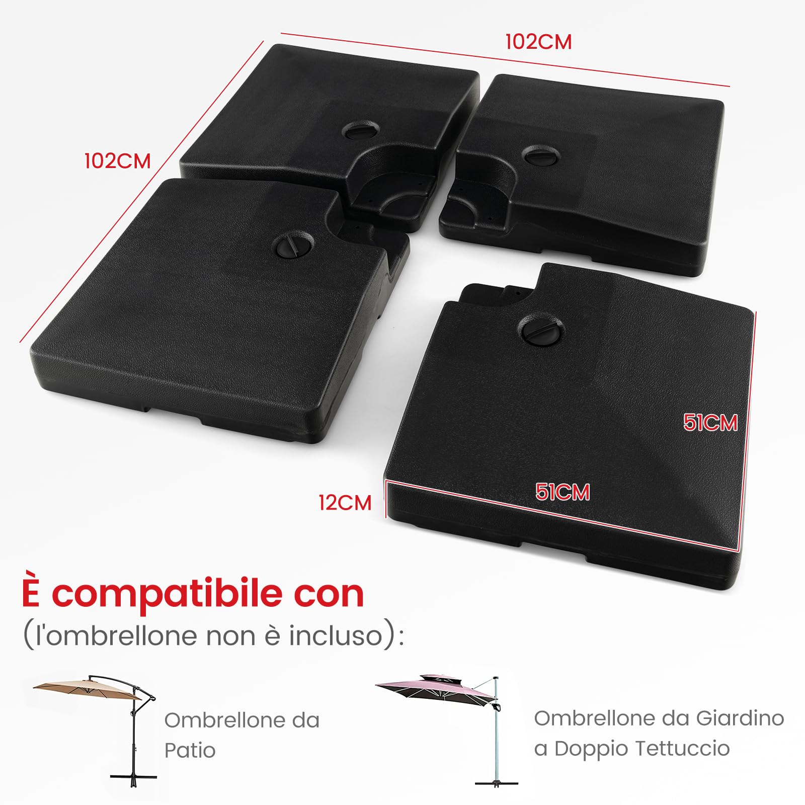 COSTWAY Base Ombrellone Riempibile a 4 Blocchi da 20 Litri, Base per Ombrellone Decentrato con Blocchi Riempibili di Acqua/Sabbia, Pesi per Ombrellone da Giardino Terrazzo Bordo Piscina, Fino 128 kg