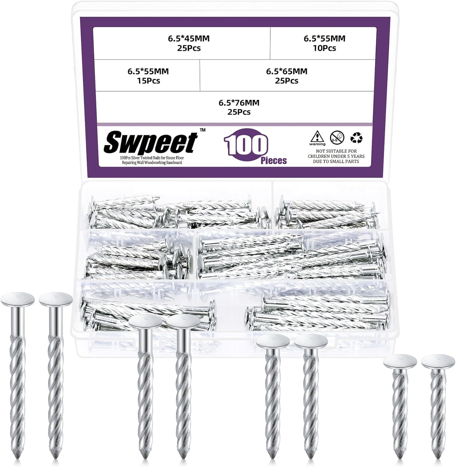 Swpeet 50Pcs 6.5 x 76mm Galvanized Thread Twist Nail Kit, Concrete Wall Nail 304 Stainless Steel Nail Cement Nail Galvanized Solid Nail Steel Nail for Woodworking