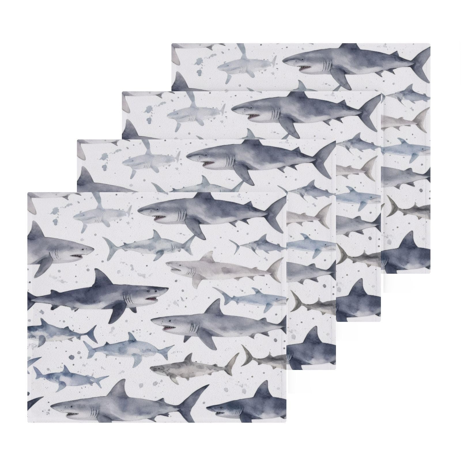 Msyxl 4-Pack Shark Washcloths for Bathroom, 12x12in Cotton Wash Cloths Soft Absorbent Face Cloths Towel for Your Face Body