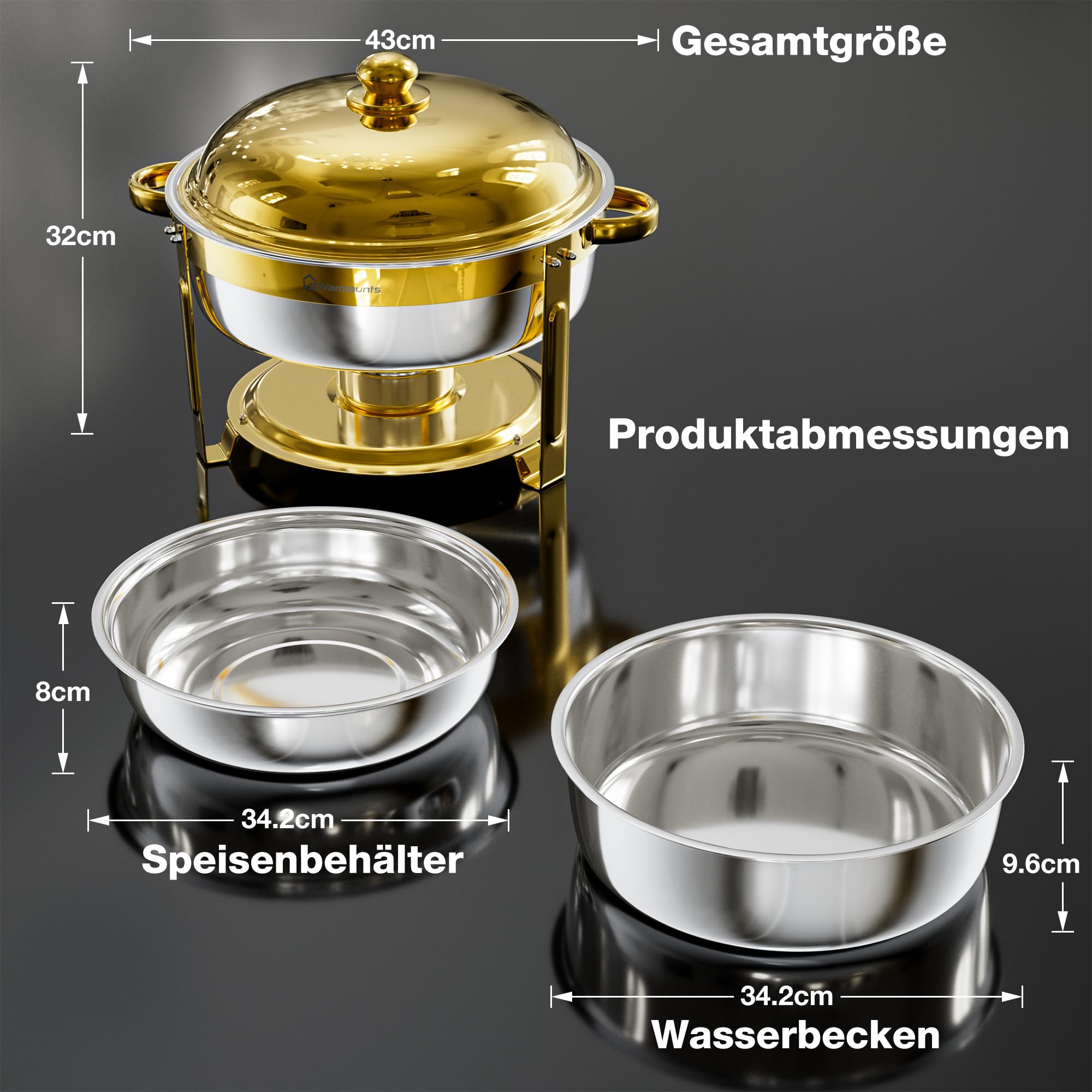 WARMOUNTS Chafing Dish 4er Set 6L Gold, Speisenwärmer Buffet Rund Edelstahl mit Deckelhalter, Warmhaltebehälter Stapelbar Catering Rechaud für Gastronomie, Partys & Hochzeiten