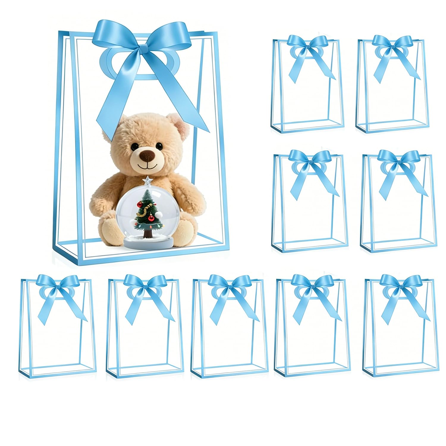 10 Pack Clear Gift Bags with Handles，PVC Gift Bag with Ribbons for Mother's Day, Birthday, Christmas，Wedding Party (Blue)