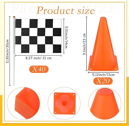 Miniatura 2 de Buryeah 60 banderas a cuadros de conos de tráfico de automóviles de carreras de 9 pulgadas, conos de plástico para carreras de autos de carreras,