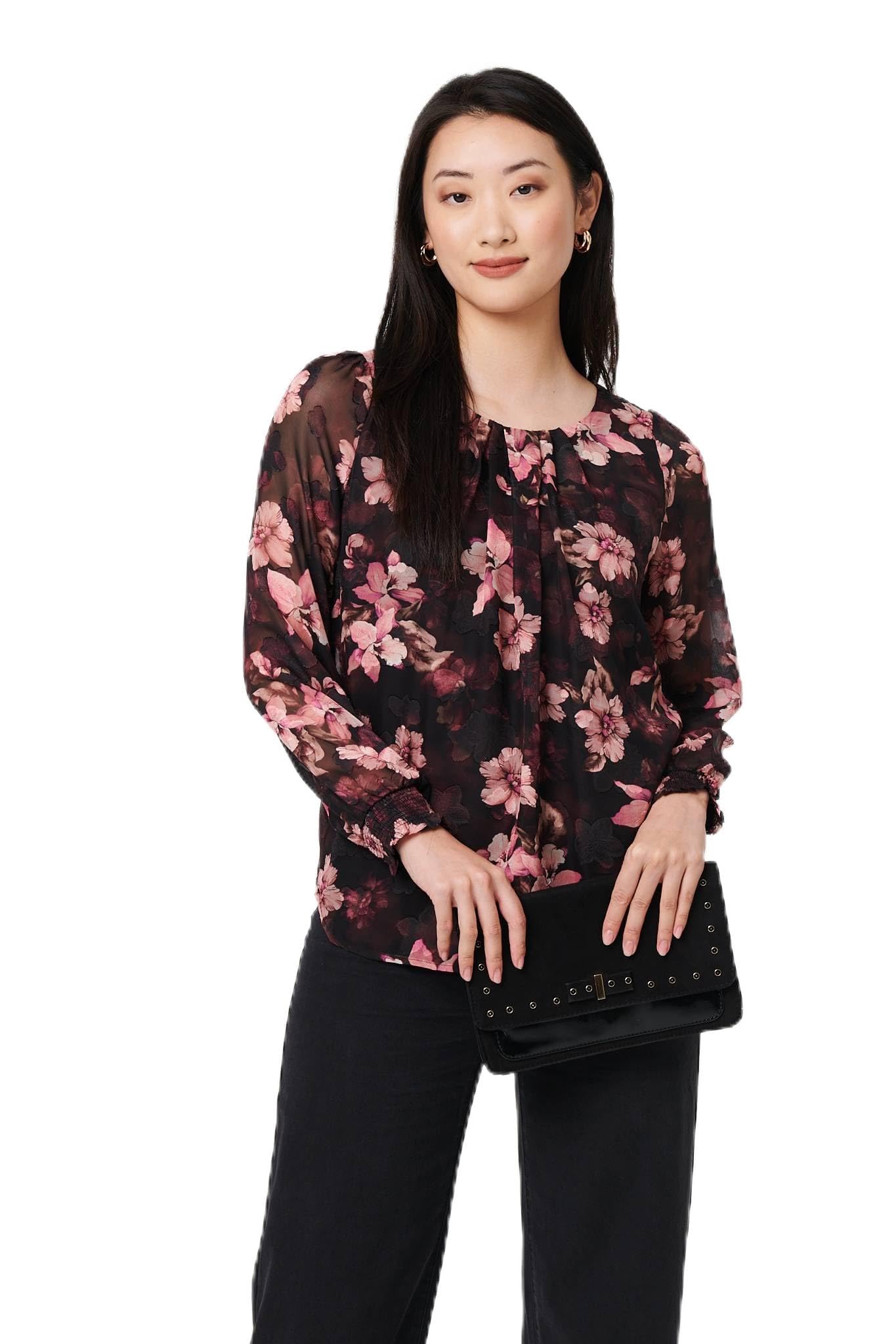 Izabel London Women's Pink Floral Long Sleeve Chiffon Layer Blouse In Size 10
