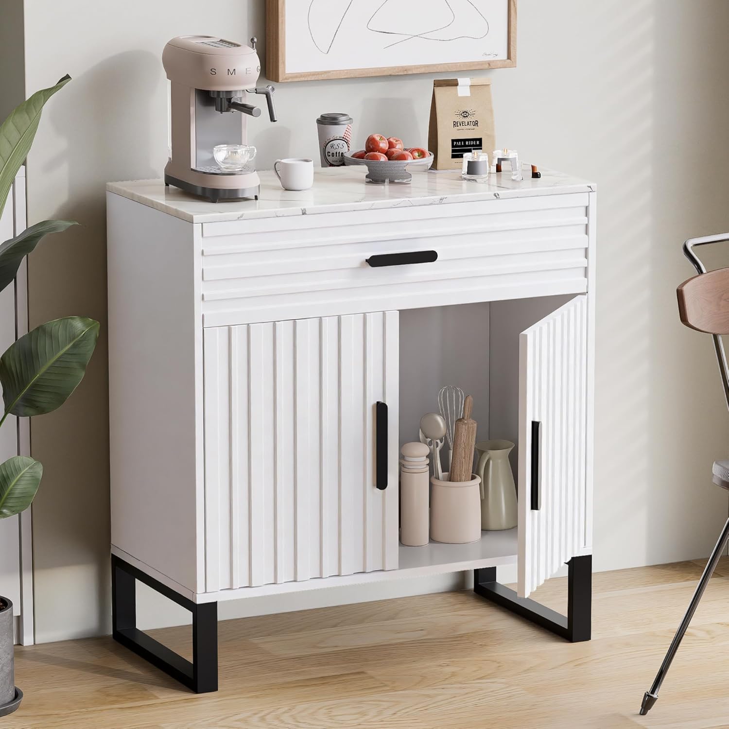 Buffet Cabinet with Storage, 31.5" W Fluted Coffee Bar Cabinet, Sideboard Cabinet with Doors and Drawer for Kitchen, Dinning Room, White