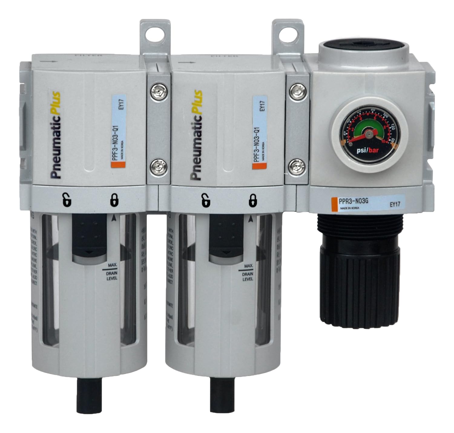 PneumaticPlus PPC3C-N02G Compressed Air Drying System- Particulate Air Filter, Coalescing Filter & Air Pressure Regulator Combo 1/4" NPT (High Flow), Poly Bowl with Guard, Manual Drain - Image 2