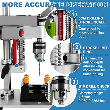 Mini Benchtop Drill Press with Work Light, Rear-Mounted 795 Motor Design