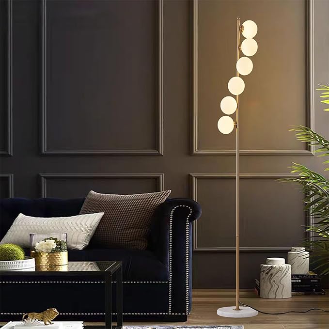 NKU NKU Mid Century Floor Lamp Unique Glass lamp with Foot Switch, Modern Standing Tall Lamp for Living Room 3 Color Temperatures 6 Globe Floor Lighting for Bedroom Office（Gold）