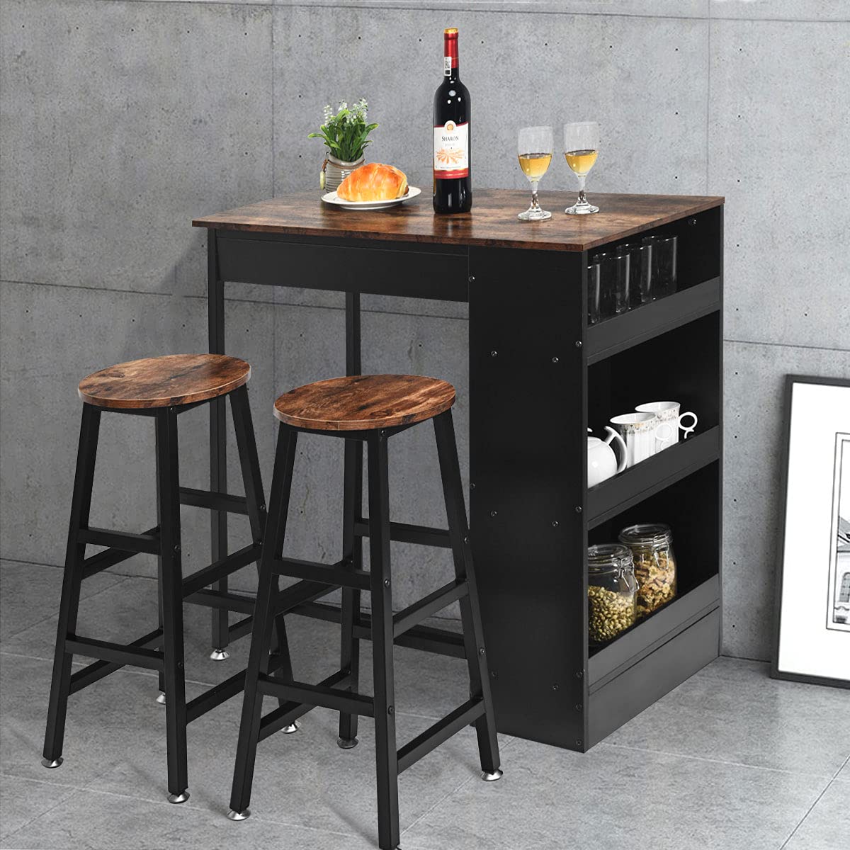 GIANTEX Ensemble de table et 2 tabourets, ensemble de meubles de bar, 3 pièces, salle à manger, style industriel, table avec 3 étagères de rangement, tabouret avec repose-pieds de différentes