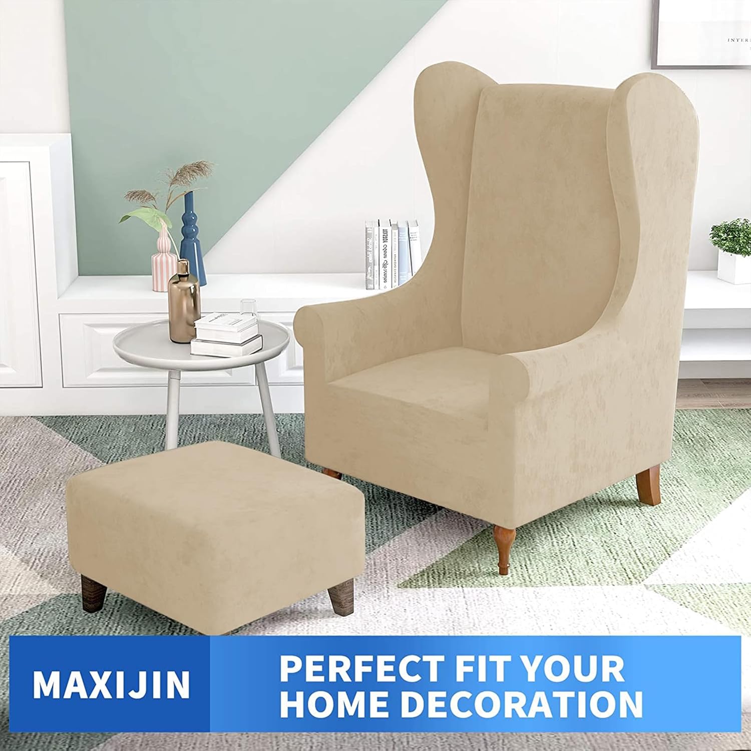 MAXIJIN Stretch Velvet Wingback Chair Slipcover 1-Piece Soft Stylish Plush Slipcovers for Wingback Chairs Thick Rich Velvet Wing Chair Cover with Elastic Bottom (Wing Chair, Camel)