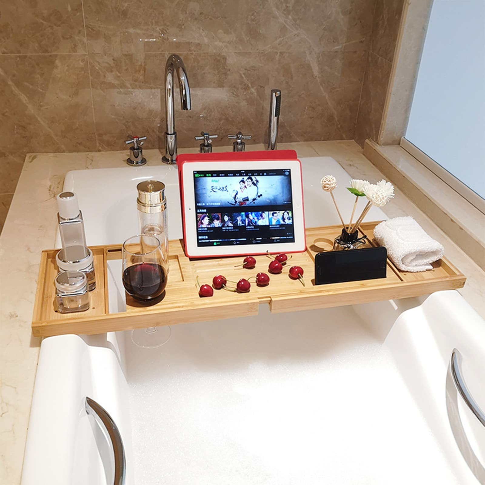 Bandejas de bambú para bañera, Bandeja Extensible para bañera de bambú de 37,4 Pulgadas con Soportes para Libros de tabletas y teléfonos Inteligentes, Bandeja y Soporte para Copas de Vino