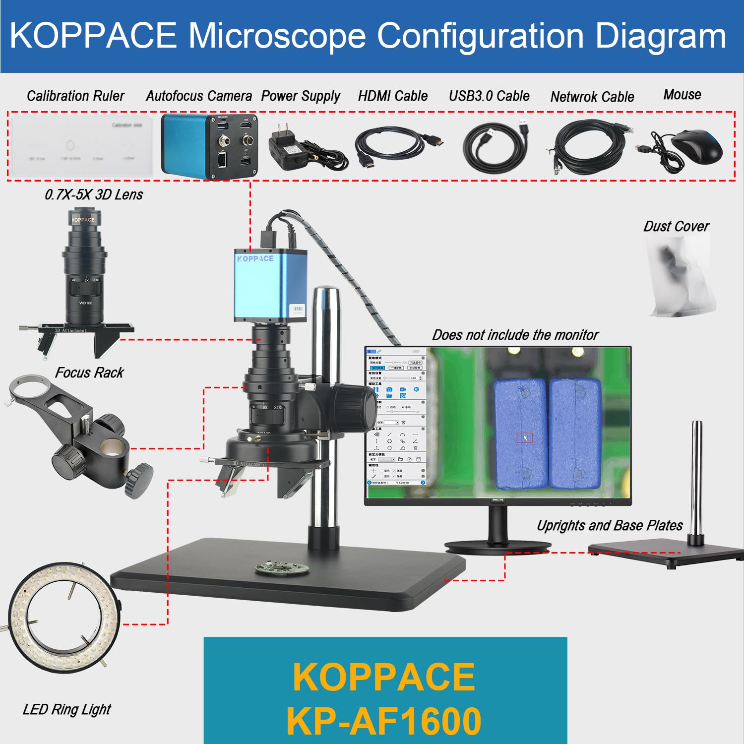 KOPPACE 23X-169X Auto Focus 3D Electron Microscope 2 MP HDMI/USB/LAN Output