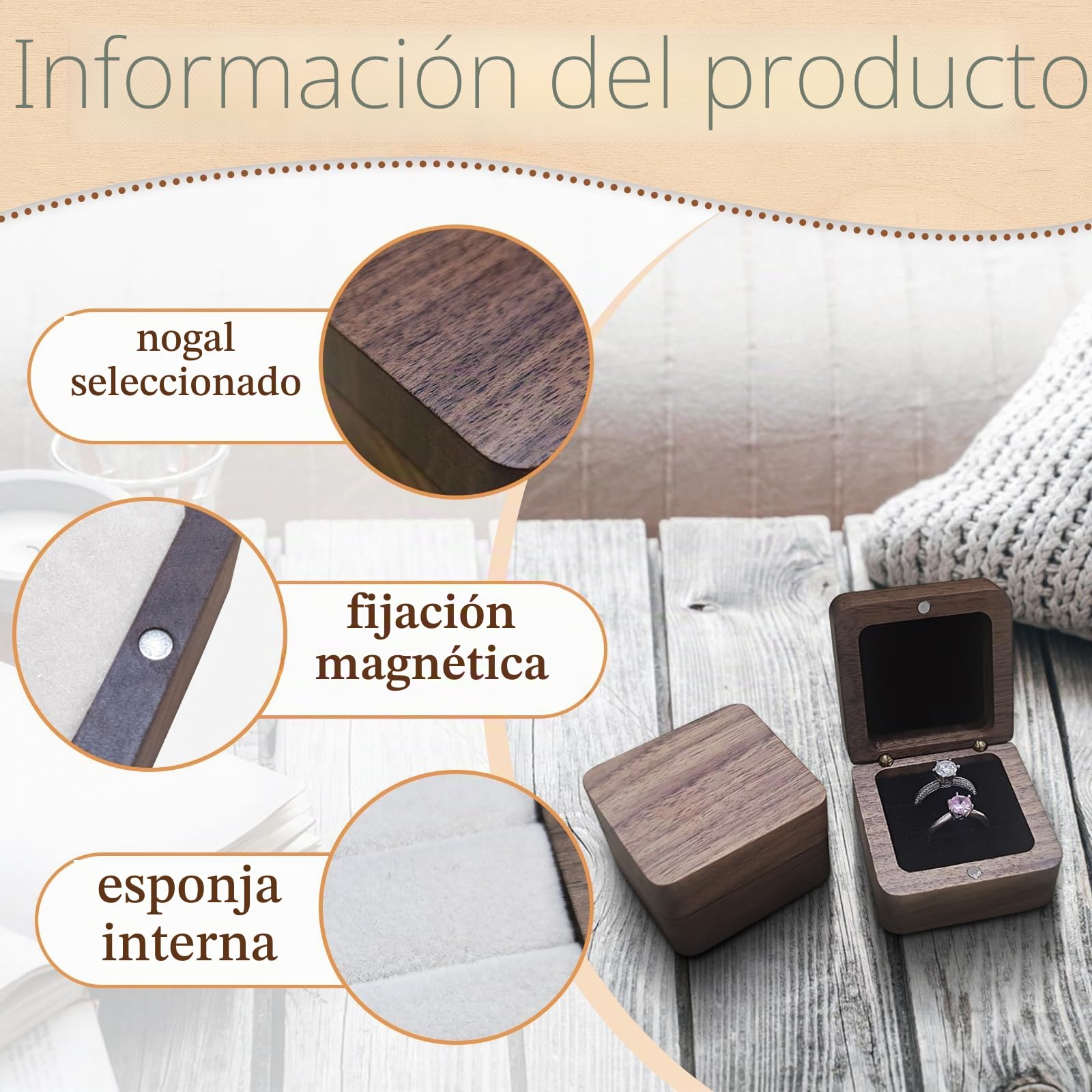Caja Anillo de Madera Doble Ranura, Joyero Pequeño Cuadrada, Organizador Anillos de Boda (Blanco)
