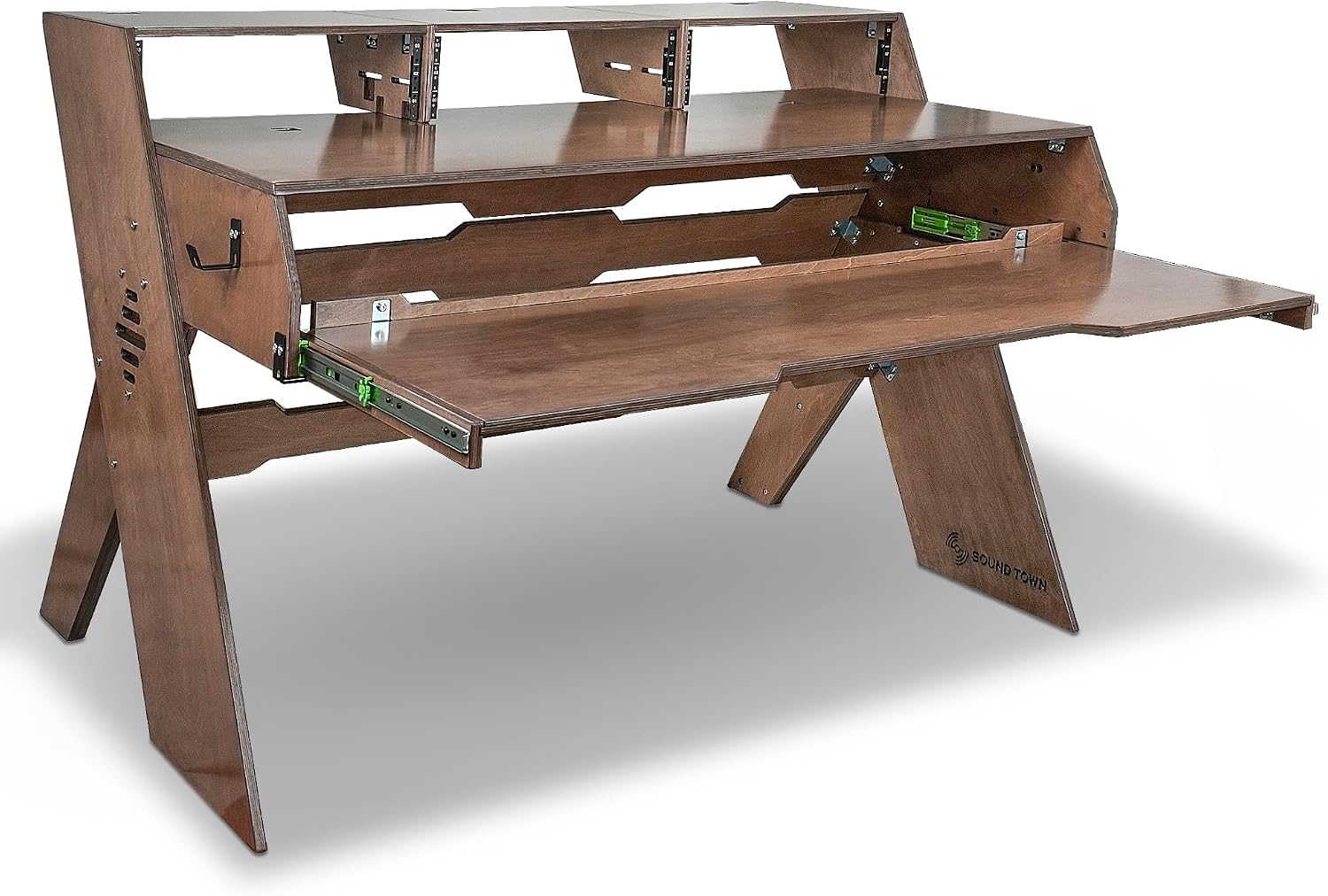 Sound Town Durable Plywood Studio Workstation Desk with 3 x 3U Rack Bays, Adjustable Top Shelf, Slide-Out Controller Keyboard Tray, Weathered Brown (SDRK-PF60)