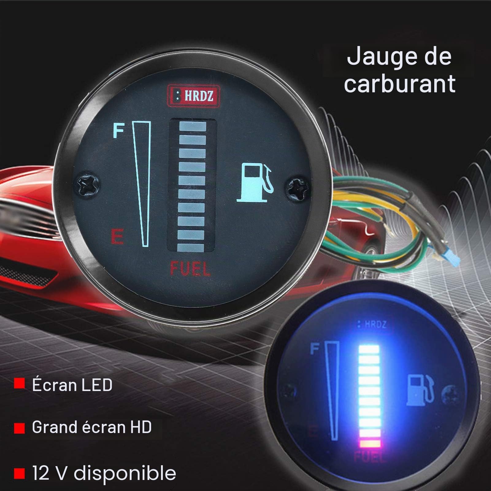 Jauge de carburant 52 mm, indicateur de carburant LED, diamètre 52 mm, 12 V, résistance réglable pour voiture et moto