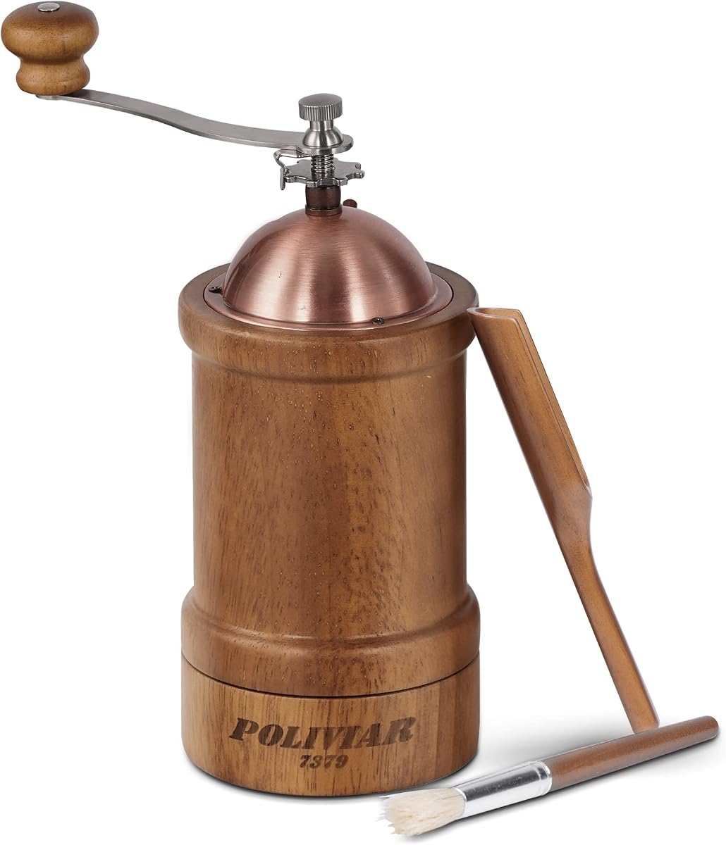 POLIVIAR Manual Coffee Grinder, Coffee Bean Grinder with Adjustable Ceramic Burr, Vintage Style Wooden Hand Coffee Grinder, Large Capacity Burr Coffee Grinder with Brush and Spoon (JX2022-CG20) | Coffee Bean Grinder with Adjustable Ceramic Burr, Vintage Style Wooden Handle, Large Capacity, Come With Brush and Spoon