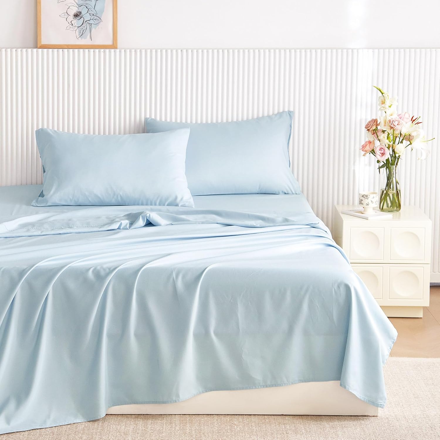 Wake In Cloud - Floral Comforter Set with Sheets, Coquette Cottagecore Aesthetic Flower Shabby Chic Pattern for Women Teen Girls, 7 Pieces Bed in a Bag, White Blue, Full Size