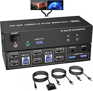 USB 3.0 DisplayPort KVM Switch Dual Monitor 4K@60Hz Extended Display, 2 Computers 2 Monitors Displayport Switch with Audio Microphone Output and 3 USB 3.0 Ports, PC Monitor Keyboard Mouse Switcher