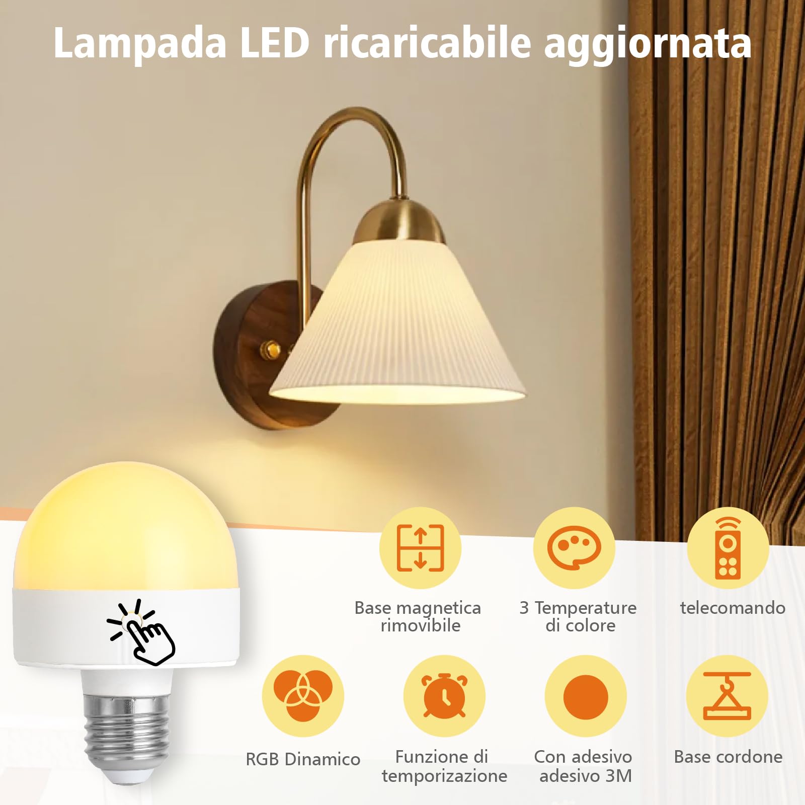 Lampadina ricaricabile con timer e telecomando, lampadine a batteria dimmerabili E27/E26 LED di ricarica rimovibile, lampade non cablate con 3 temperature di colore + 12 RGB, 2 Pezzis