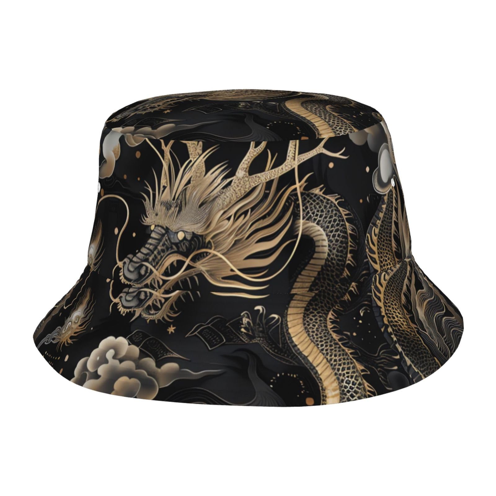 Unisex Cute Bucket Hat Black Chinese Dragon Summer Travel Fisherman Cap Beach Travel Sun Hat Outdoor Cap