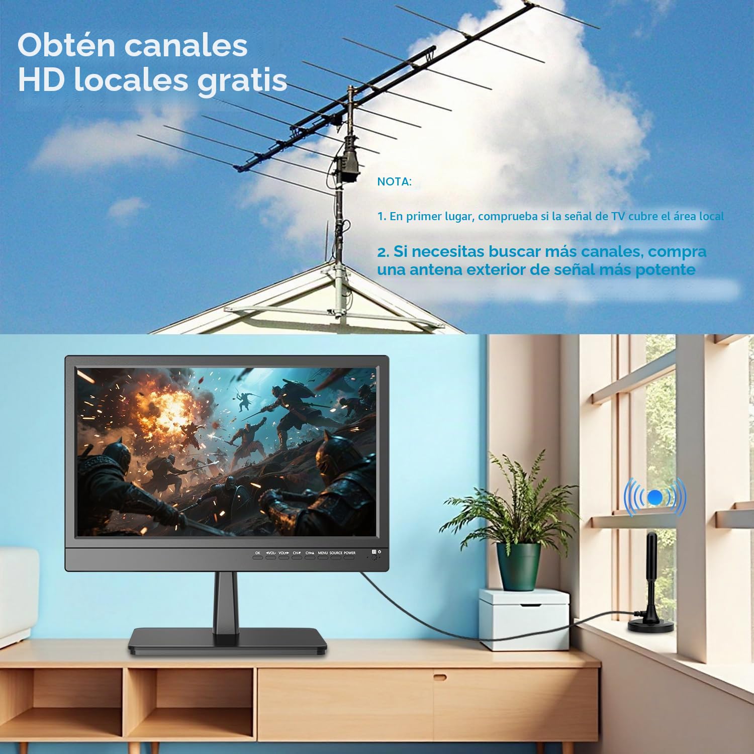 ZOSHING TV de Pantalla 1080P de 14 Pulgadas con Recepción de Visión Libre, Antena y Alimentación CA/CC 12V, Puertos HDMI-USB-VGA para Cámper/Monitores/Cocinas