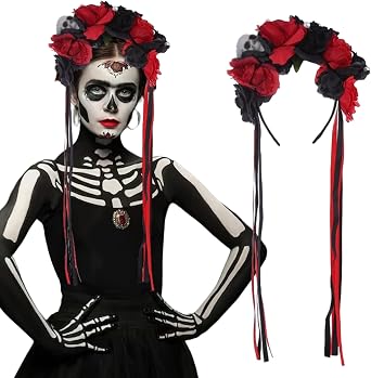 Flower Day of the Dead Rose Headbands Halloween Skull Mexican Black Red Rose Floral Crown with Ribbon Gothic Headpiece for Women Girls Halloween Costume Bridal Cosplay Party Headwear