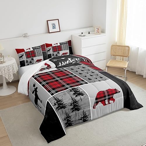 Miniatura 5 de Juego de edredón de oso de ciervo y cuernos para niños, tamaño matrimonial, juego de ropa de cama de retazos con flechas bohemias para niños, niñas