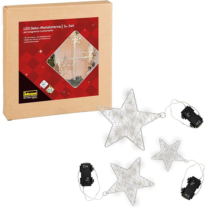 Idena 31610 – LED Deko Metallsterne mit integrierter Lichterkette für Außen & Innen, 3 Leuchtsterne in Warmweiß mit Batterie und 6 Stunden Timer Funktion Idena 31610 – LED Deko Metallsterne mit integrierter Lichterkette für Außen & Innen, 3 Leuchtsterne in Warmweiß mit Batterie und 6 Stunden Timer Funktion