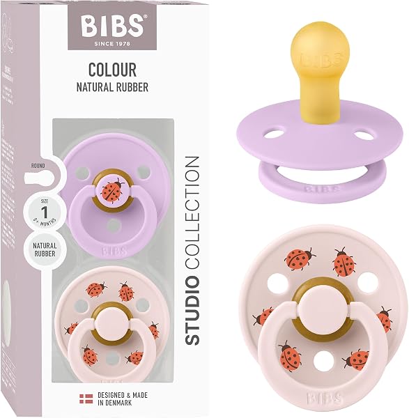 BIBS Colour Studio Schnuller 2er-Pack, BPA-frei, Kirschform Nippel. Naturkautschuk/Latex, Hergestellt in Dänemark, Größe 1 (0-6 Monate), Violet Sky/Petal - 1