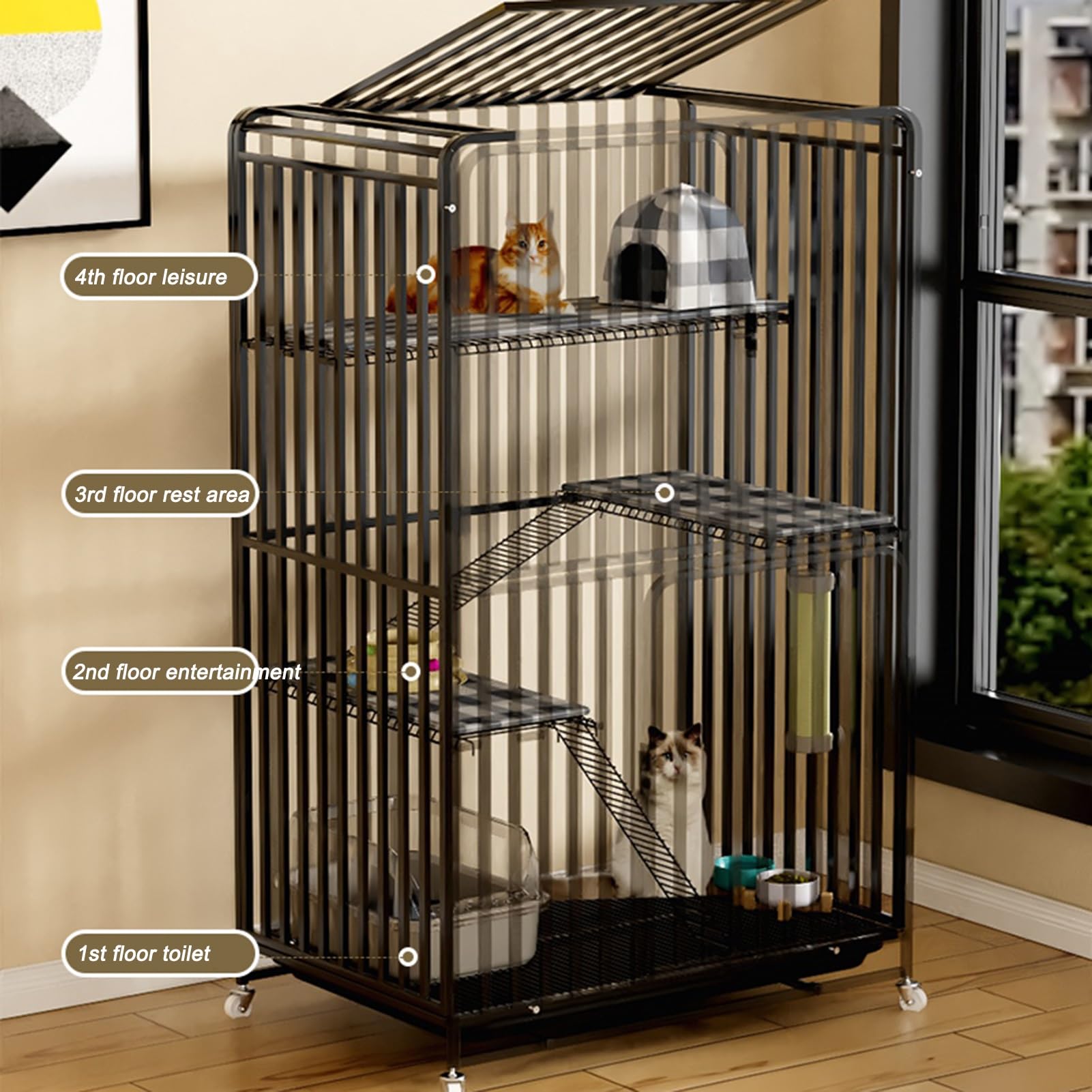 Gabbia per Gatti da Esterno con Piattaforme - Recinto Catio per 1-3 Gatti, Portatile con Ruote e Vassoio Rimovibile, Ideale per Giocare e Rilassarsi in Sicurezza (Nero)