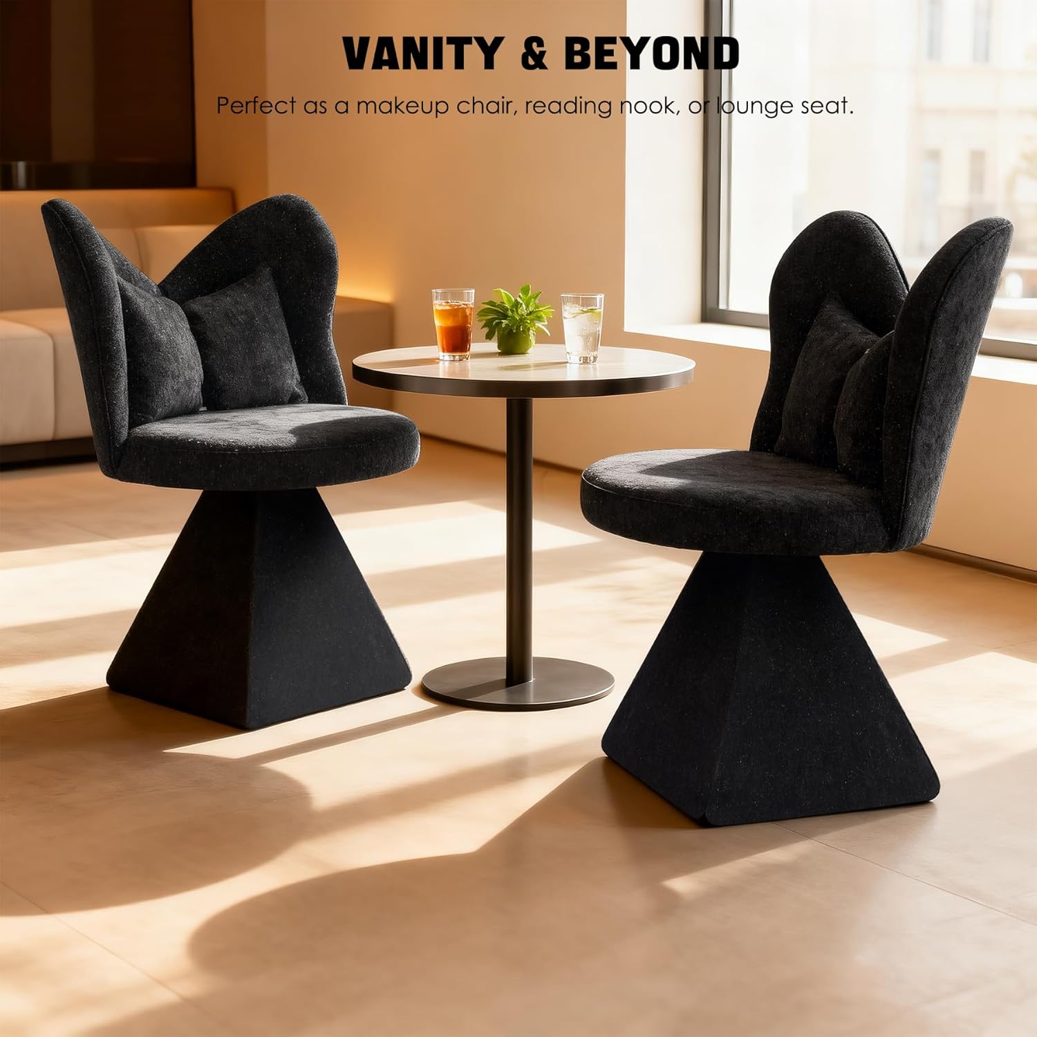 KEIKI 360° Swivel Accent Sofa Chair, Armless Chenille Vanity Chair, Upholstered Single Sofa Chair for Living Room, Bedroom, or Vanity, Black