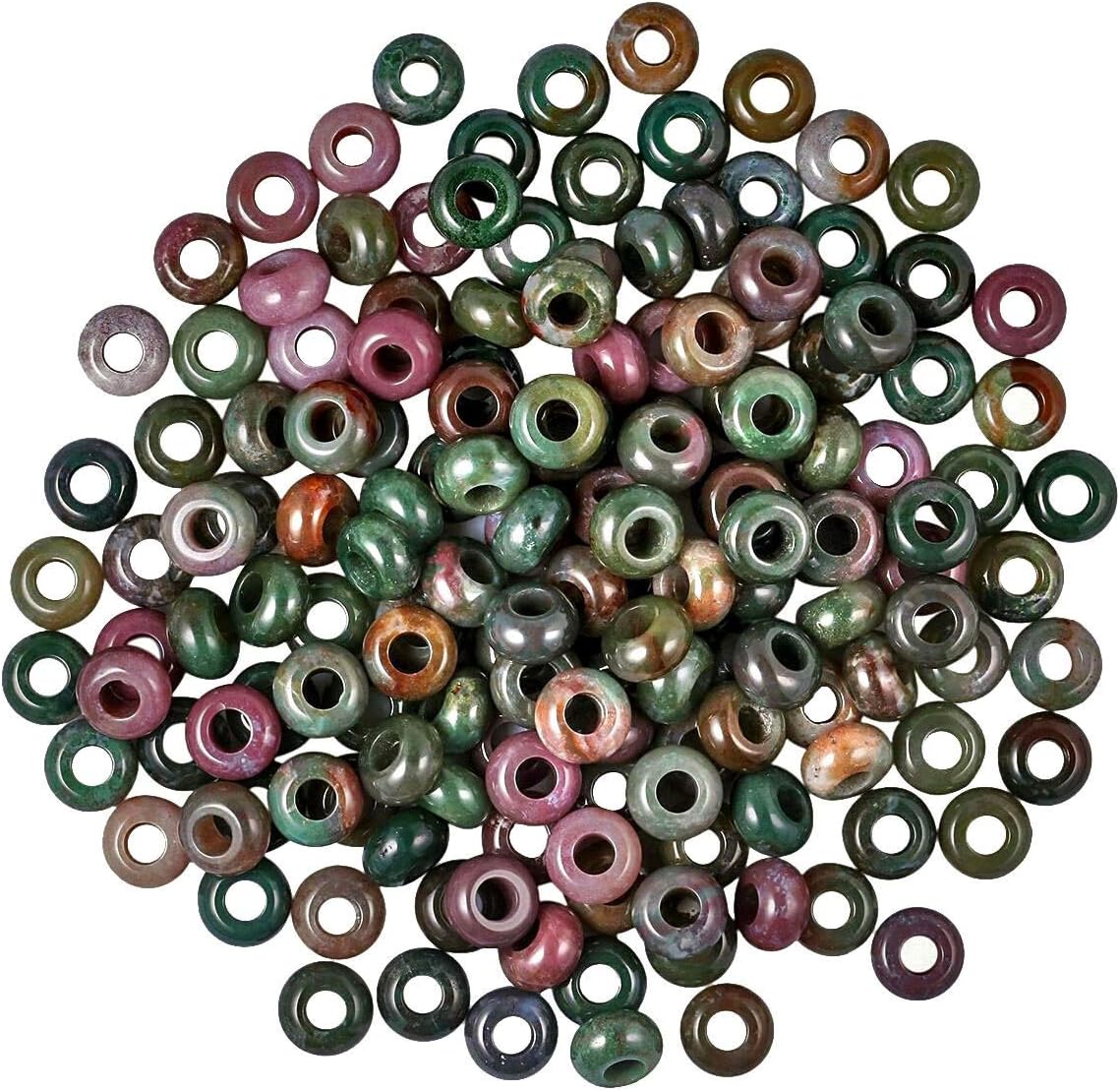 SUNYIK Natural Indian Agate European Bead for Charm Bracelet, Wholesale Loose Gemstone Big Hole (6mm) Beads for Jewelry Making, 14x8mm, Pack of 100