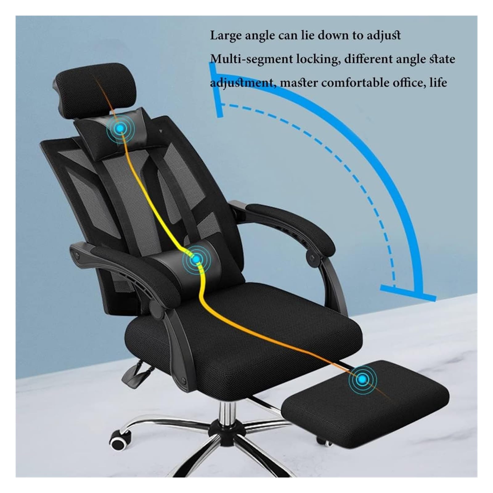 Krzesło biurowe z podnóżkiem, ergonomiczne krzesło biurowe z siatki, podparcie lędźwiowe, krzesło komputerowe z regulowanym zagłówkiem, obrotowy fotel roboczy, regulowany fotel