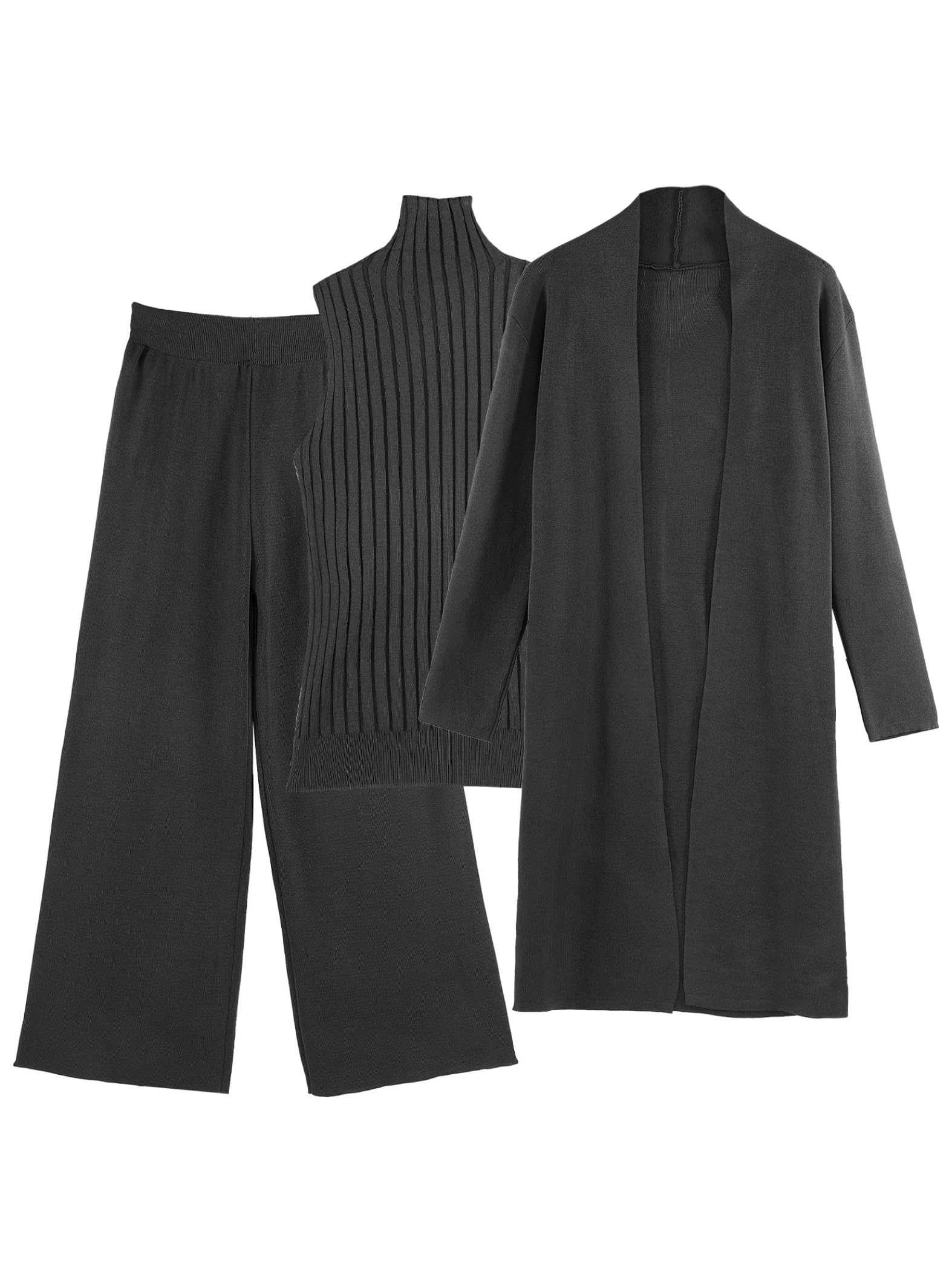JEYPINMI 3Pcs Suit Women Long Sleeve Open Front Coat with Turtleneck Vest Wide Leg Pants Work Casual Outfits