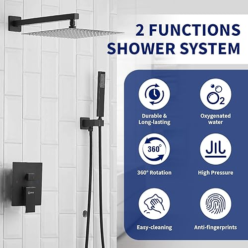 Miniatura 2 de BWE Grifo de ducha negro de 10 pulgadas, cuadrado de lujo, sistema de ducha mezclador de lluvia, juego completo de 2 funciones, equilibrio de