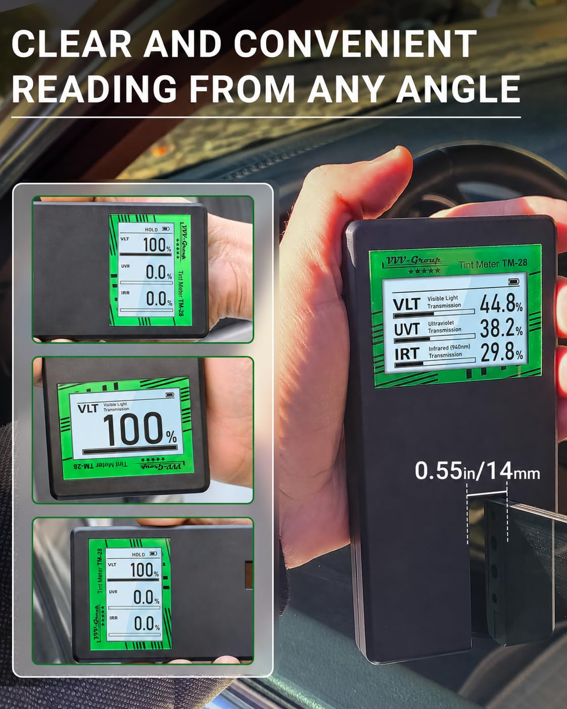 TM-28 - Tester digitale per vetri auto, TM-28, tester per la trasmissione della luce, rifiuto UV/IR, calibrazione automatica, rotazione del display (TM-28)