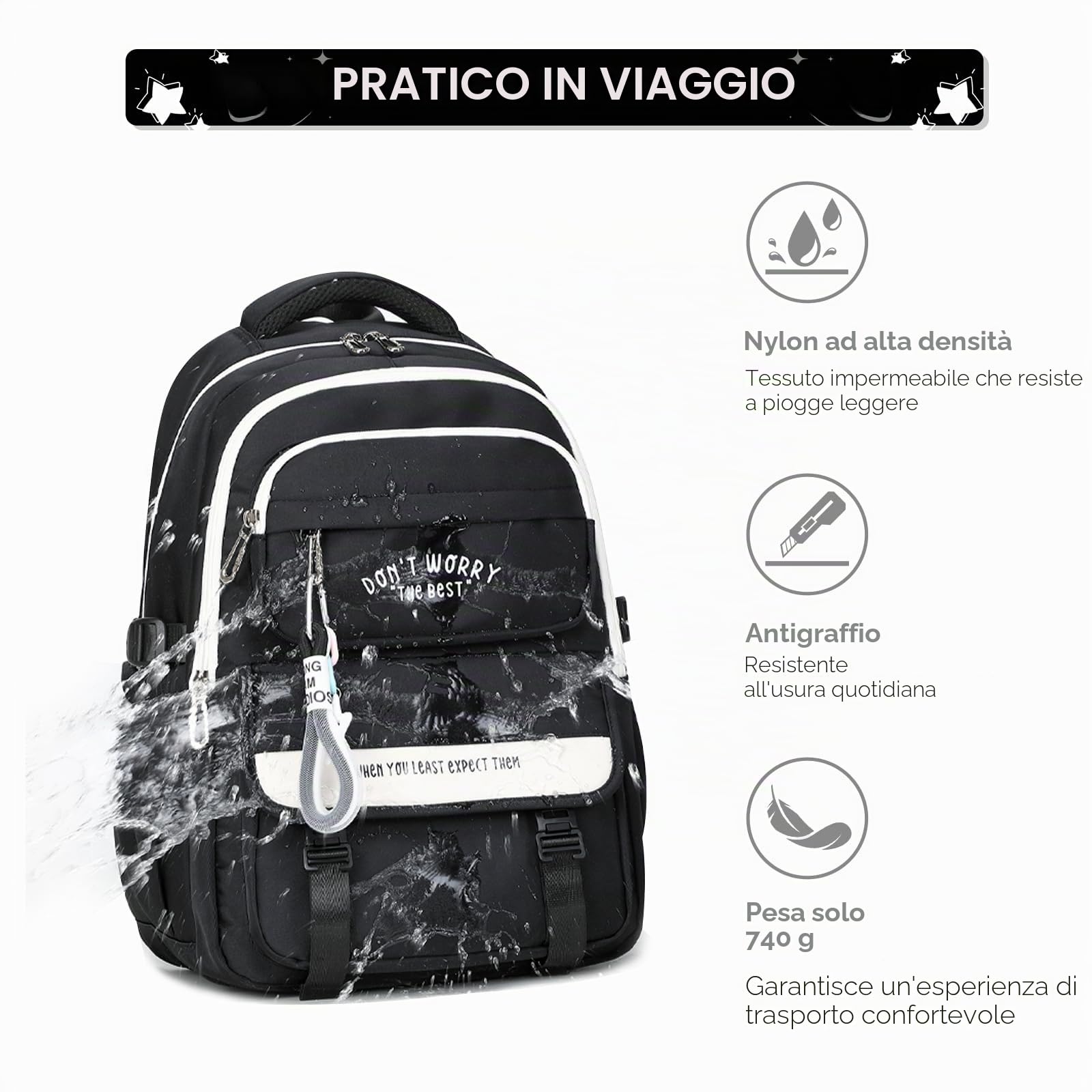 Tanou Zaino Ragazza Scuola Media e Superiore | Zaini Grande in Nylon per Ragazze Adolescenti, Zaino Casual Impermeabile per la Scuola Viaggio con Tasca Porta Pc, Nero