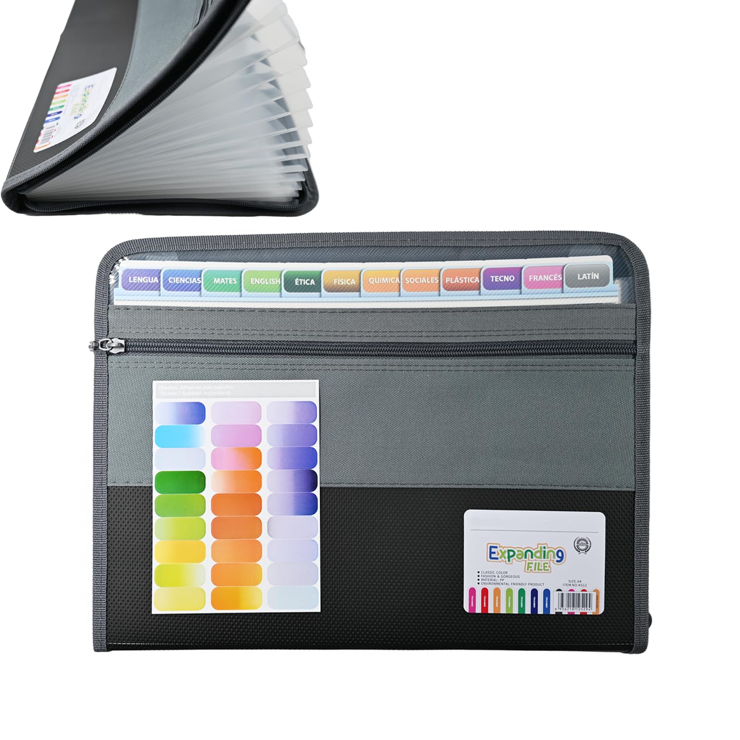 13 Pockets Expanding File Folder with Zipper Closure,A4 Paperwork Organiser Accordion,Waterproof Plastic Document Folder with Handy Front Pocket and Colored Tags for Office and School