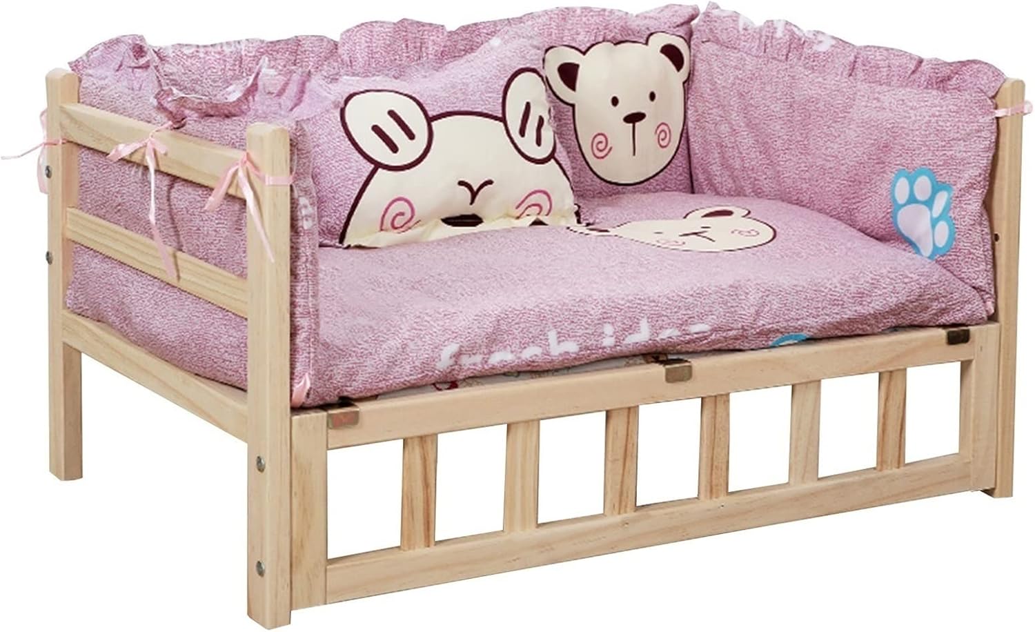 Home Pink Raised Pet Cot with Cute Bear Pattern, Wooden Orthopedic Joint Dog Couch Sofa with Bedding, for Small, Medium, Large Dogs ＆ Pets (Color : Style2, Size : XL112x64x38cm/44x25x15) (Style3 XL1
