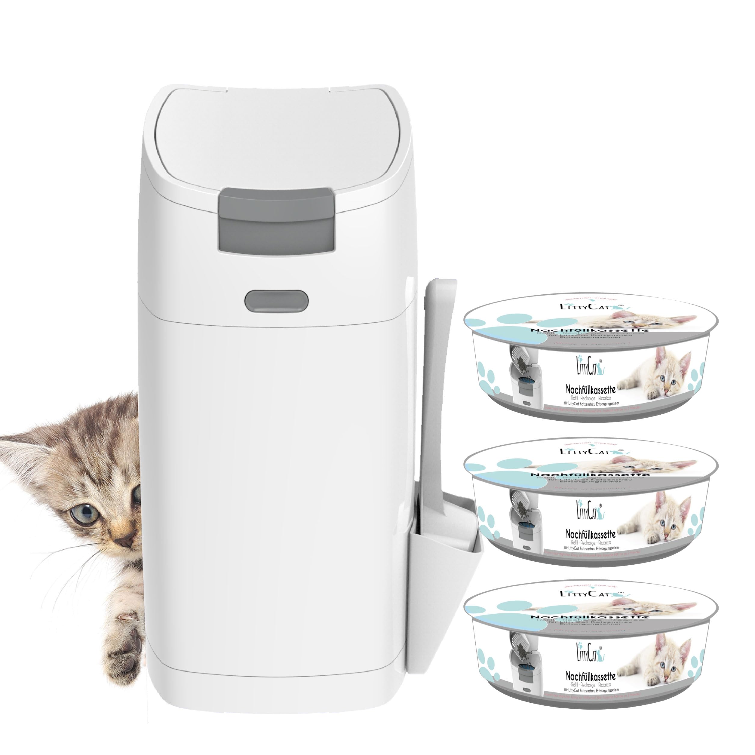 Littycat® Seau à litière pour chat incl. pelle & 3 recharges • Seau d’élimination hermétique aux odeurs • Système clic utilisable d’une seule main • Poubelle pour litière de chat