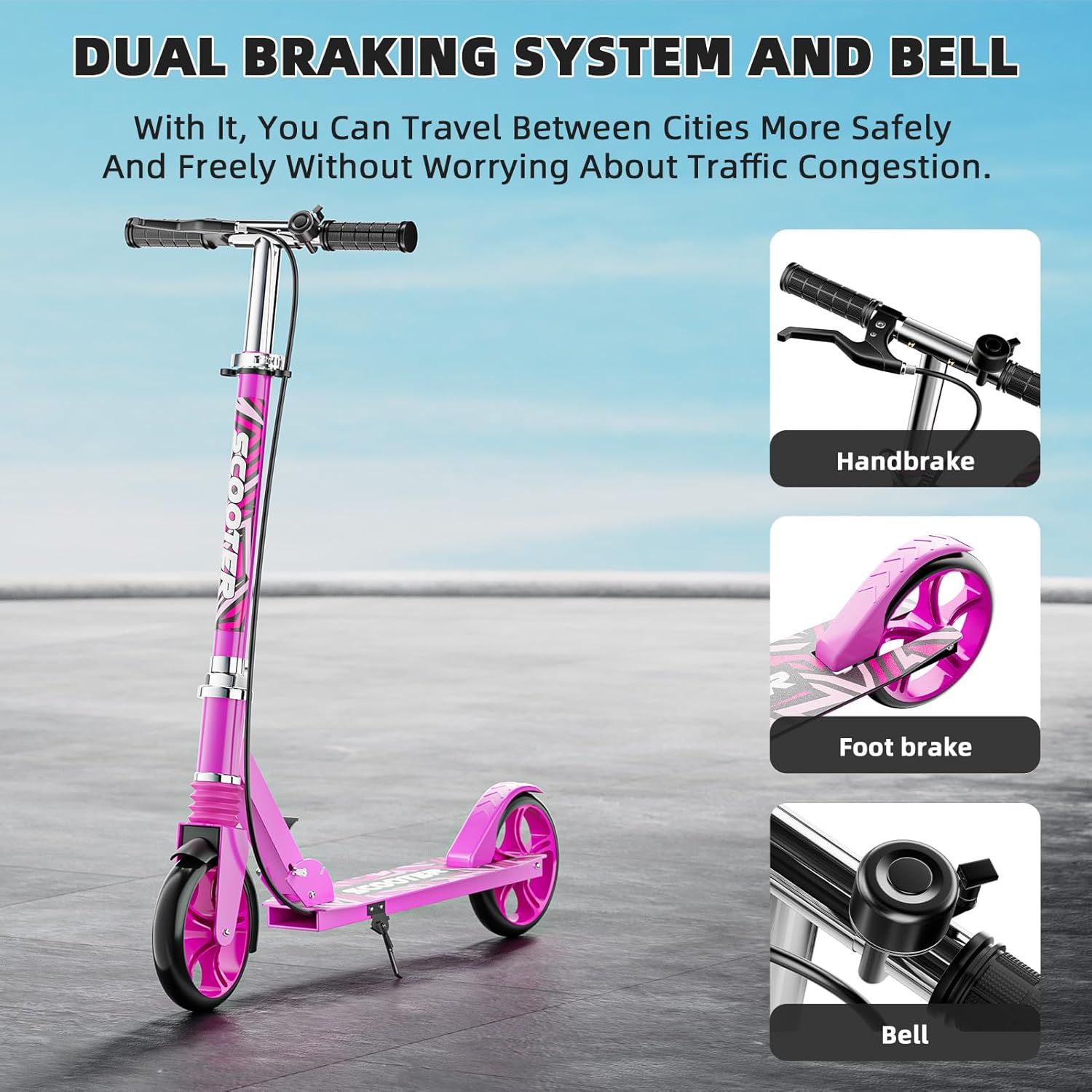 scooters for kids 8-12, teens & adults - load 240 lbs, 8-inch wheels, kick scooter with shock absorption system, hand brake & bell, 4 adjustable height levels, perfect for school, commuting or park pink shock absorption