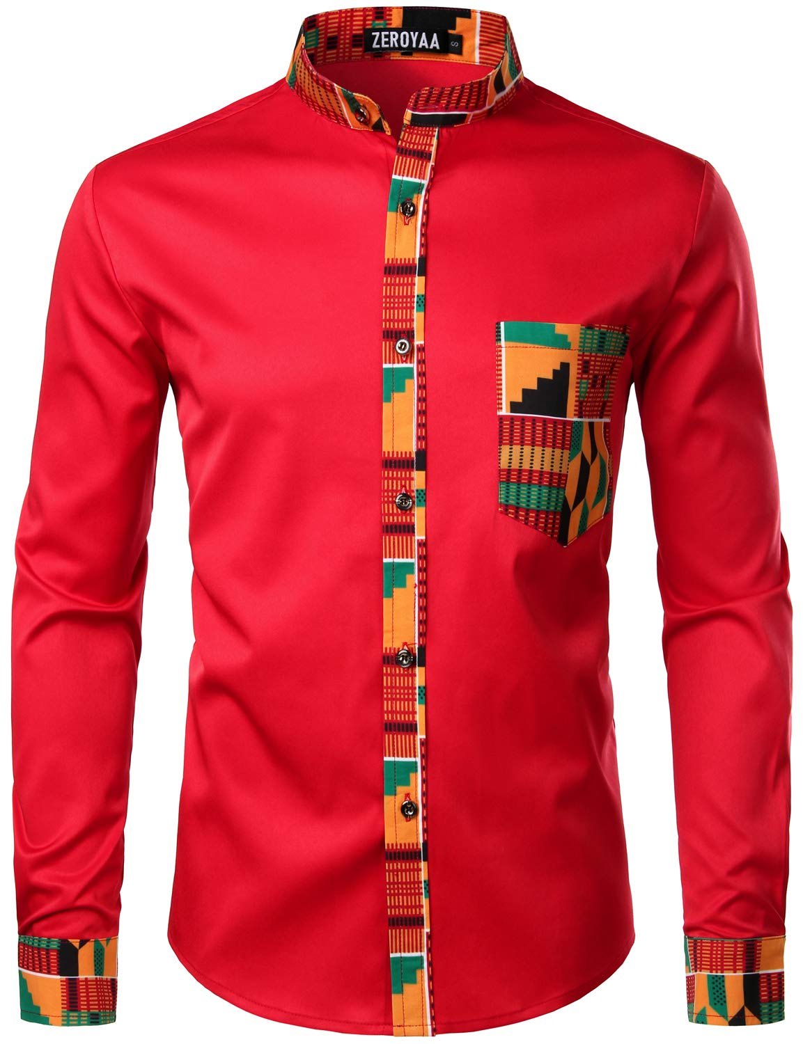 ZEROYAA Men's Hipster African Tribal Graphic Patchwork Design Slim Fit Long Sleeve Button up Mandarin Collar Shirts